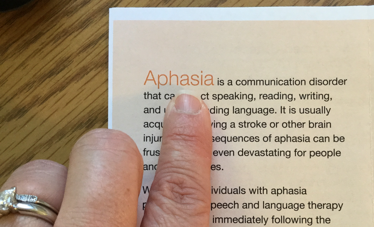 Finger pointing to the definition of aphasia