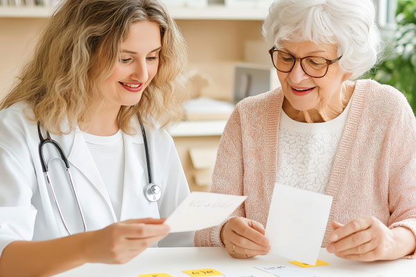 Woman engages in speech therapy with a therapist using word cards in a calm and focused environment
